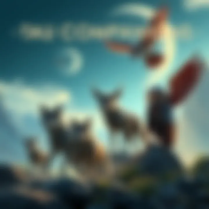 A scene featuring Tau wolves, snakes, and owls as potential companions for the Tau characters, showcasing a vibrant and adventurous setting.