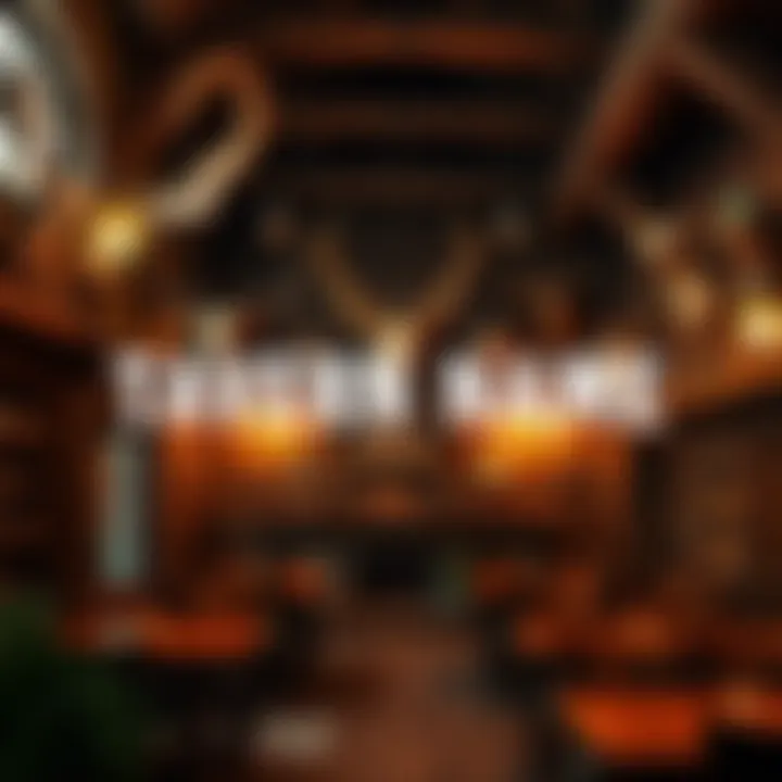 A cozy tavern interior showcasing trophies on the wall, with wooden beams and a warm fireplace, inviting adventurers to share tales.