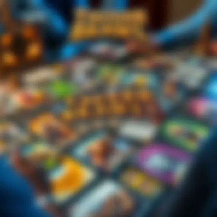 A close-up of a card game setup with colorful cards spread out, showing a mixture of characters and abilities, representing a competitive gaming environment