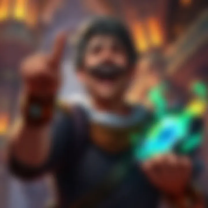 A player celebrates after winning a match in Tavern Brawl, showcasing a joyful expression with a game screen showing Ooze and Hellfire spells in action.