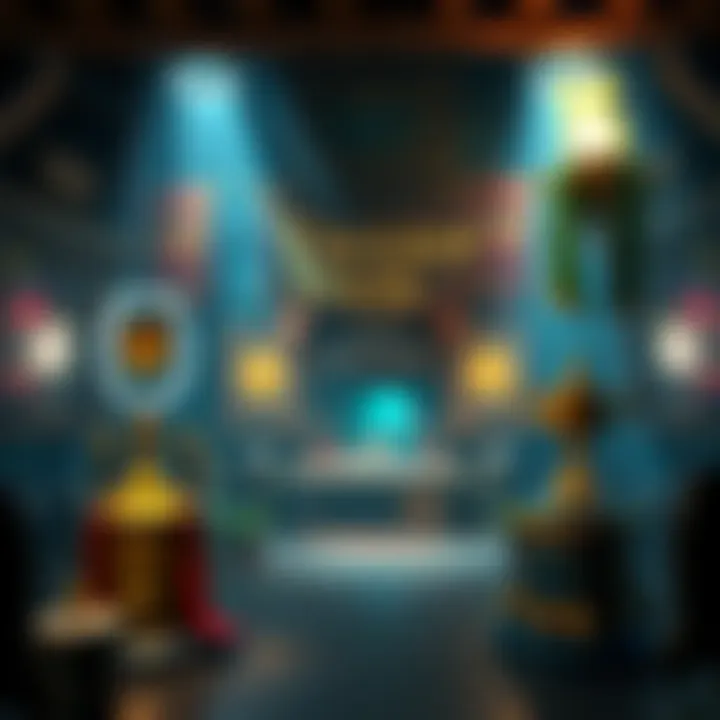 A graphic showing a tavern scene with new skins and rewards teased for players, featuring banners and trophies.