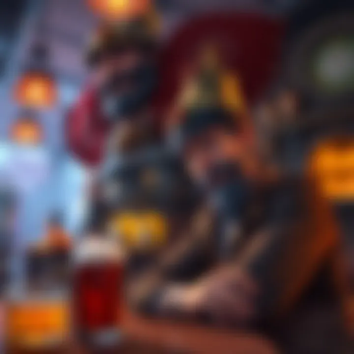 A character contemplating a poor refresh decision at a gaming tavern, with a Baron character in the background