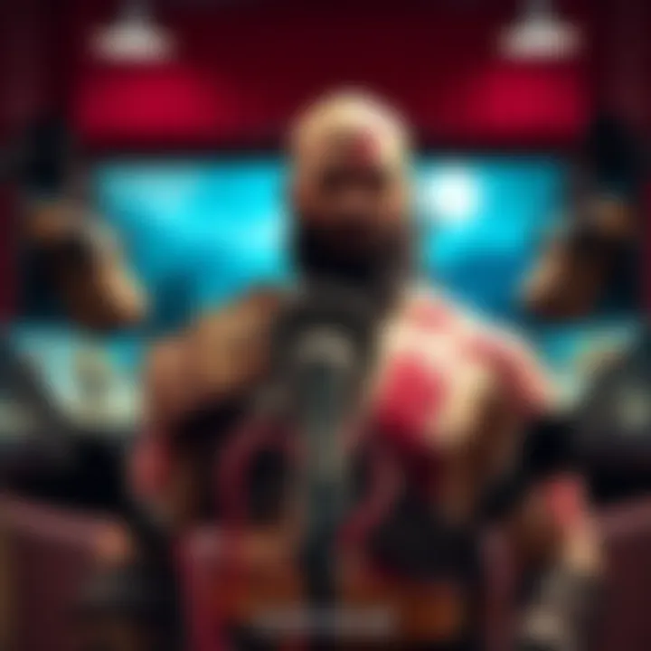 Tc Carson as Kratos Tc Carson voicing Kratos in a recording studio, surrounded by game art and microphones.