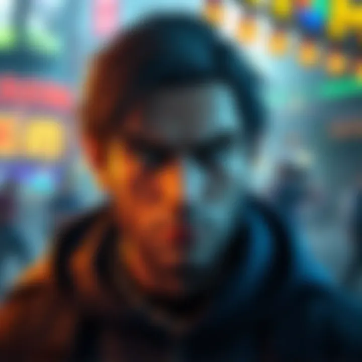 A game character from TDA shown with a serious look, surrounded by a colorful game environment