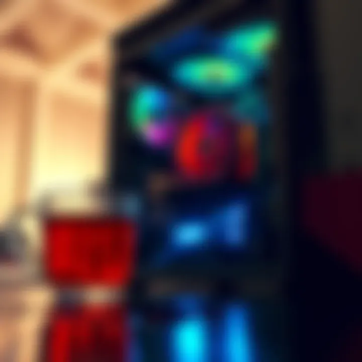 A spilled cup of tea next to a computer with an open case showing the motherboard