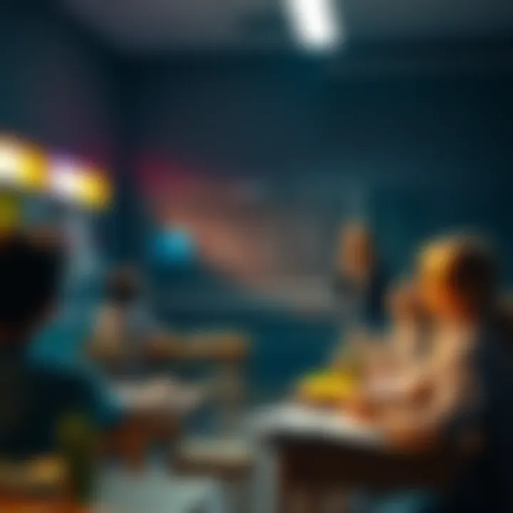 A classroom scene where a teacher uses dramatic storytelling to engage students, creating a thrilling learning atmosphere.