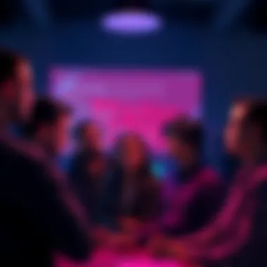 A frustrated group of people discussing Teaguv's patch release issues, showing concern and disappointment, with a computer screen displaying error messages in the background.