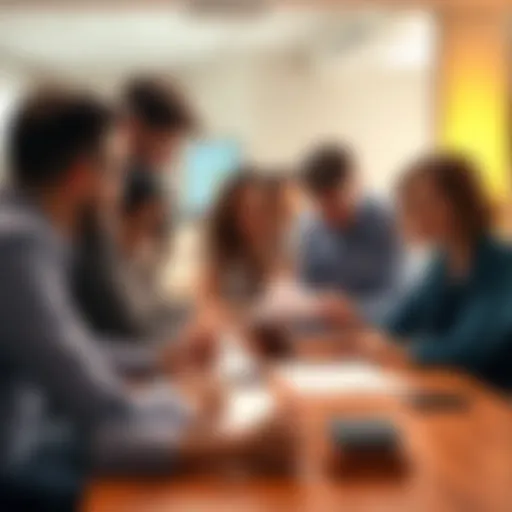 A group of people working together around a table, sharing ideas and documents, showcasing teamwork and collaboration.