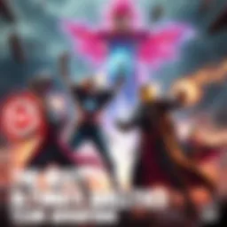 A team of characters activating their ultimate abilities during a battle, showcasing various powers like shields and strong attacks.