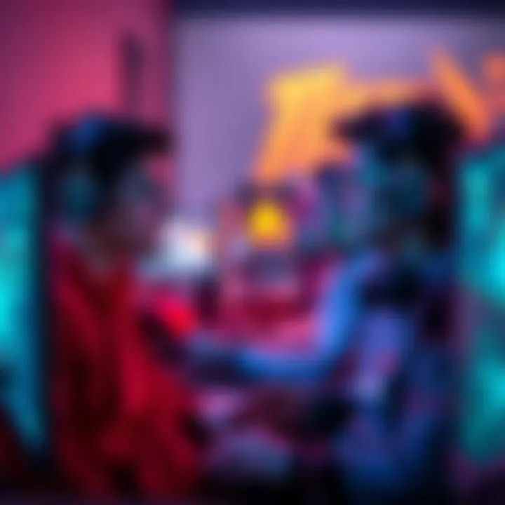 Team communication in gaming A group of gamers communicating with headsets while playing together on screens