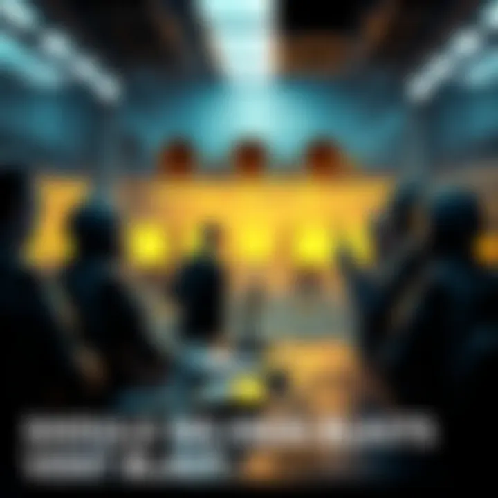 A group of people discussing a plan with a security officer involved in a control room setting, focusing on teamwork and strategy.