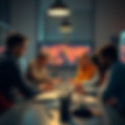 Team discussing strategy A group of people brainstorming ideas and strategies around a table, focusing on their goals.