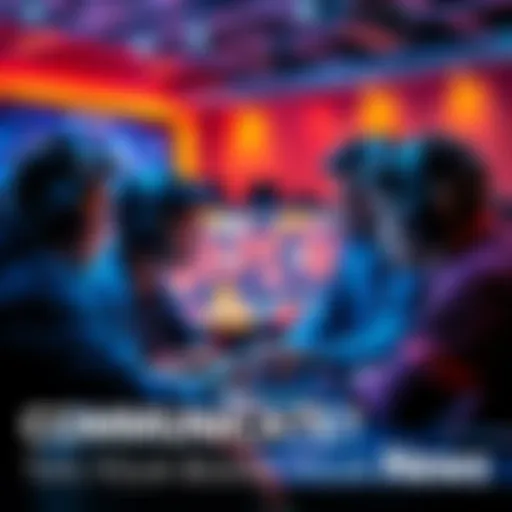 A group of gamers talking around a screen, focused on improving their communication skills in a team setting.