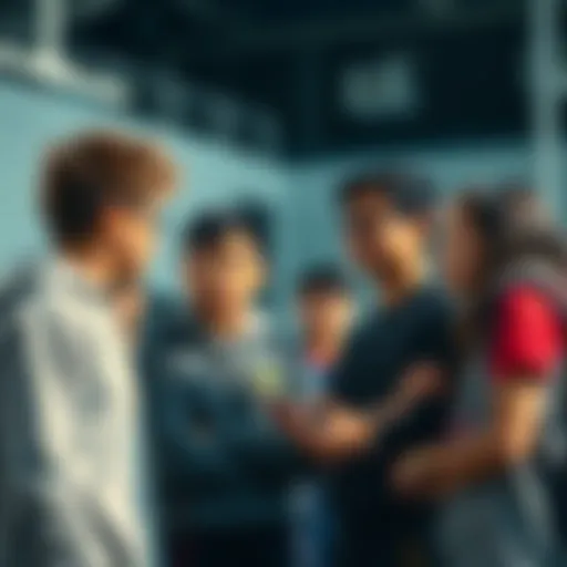 A group of young teammates discussing their team rank, showing concern and frustration due to bullying