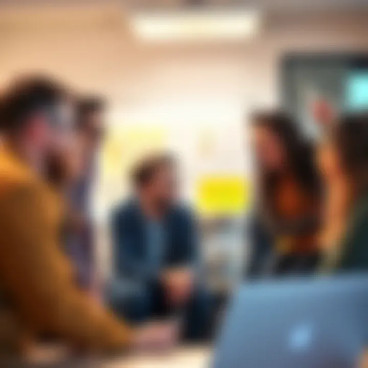 A group of people in an office sharing ideas and laughing while discussing complex concepts, with notes and charts on a whiteboard in the background.