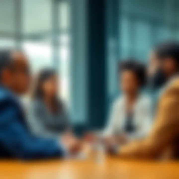 A group of diverse professionals in a meeting room, actively discussing and resolving a conflict with focused expressions.