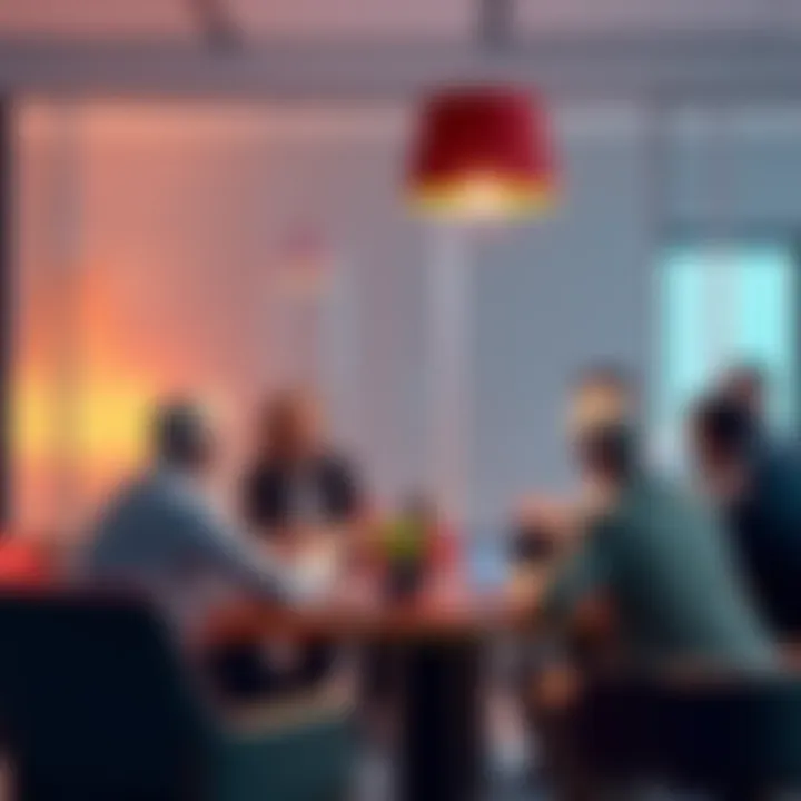 A group of professionals sitting around a table discussing talent management strategies.