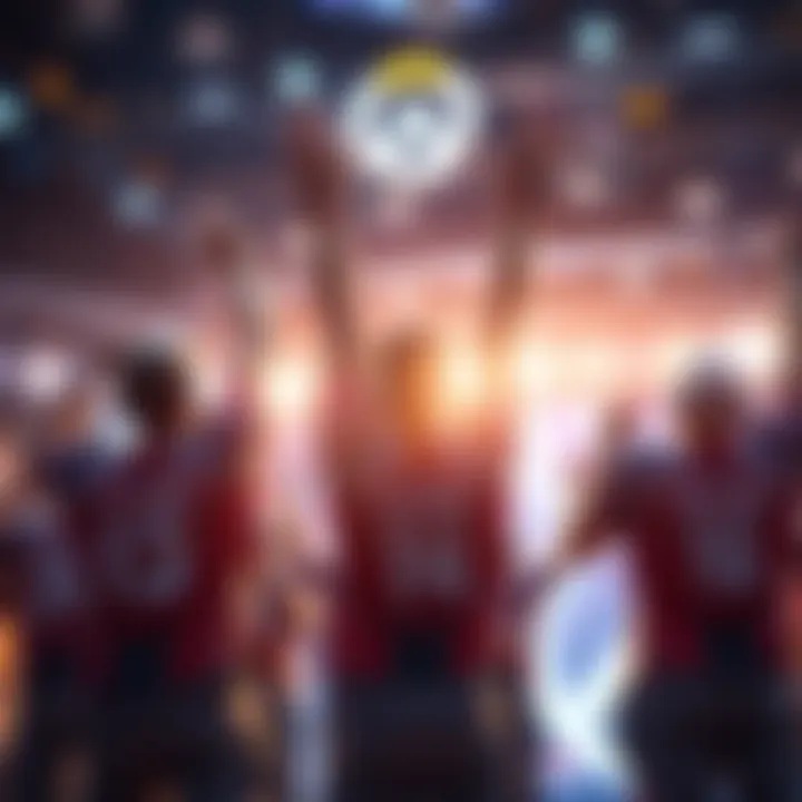 Team Falcons players celebrating their narrow win in the Overwatch match, arms raised with excitement