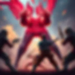 Team fighting against Wally A group of players working together to defeat a character named Wally in a battle, showcasing teamwork and determination