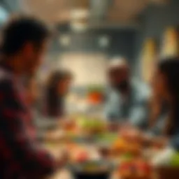 A group of diverse people engaged in a meal planning discussion, sharing ideas and looking at food options for a team meal.