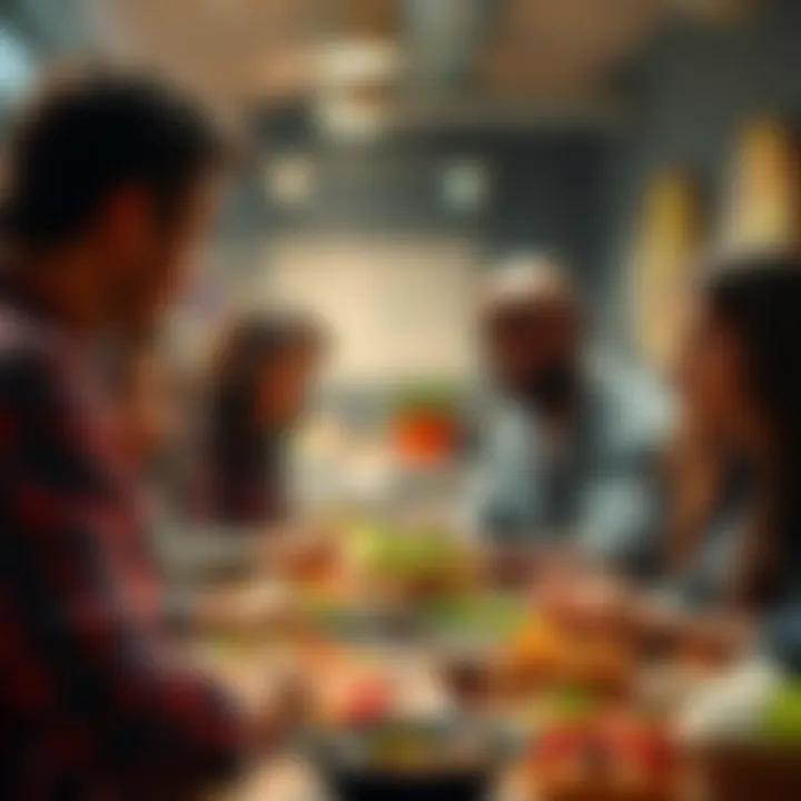 A group of diverse people engaged in a meal planning discussion, sharing ideas and looking at food options for a team meal.