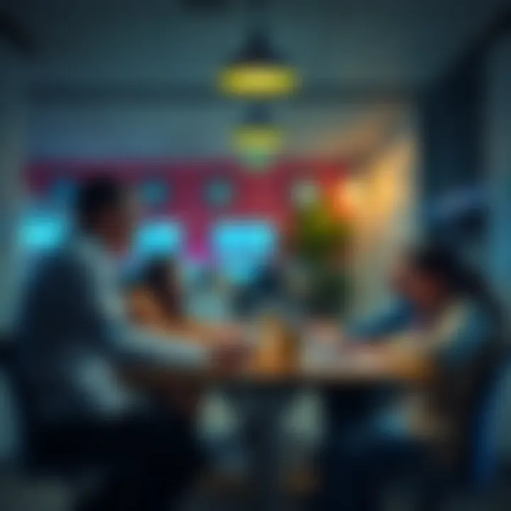 Employees collaborating in a breakroom to boost morale and teamwork