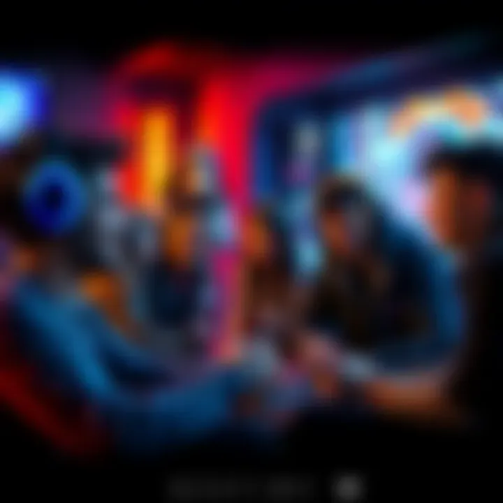 A diverse group of gamers discussing strategies for a raid, showcasing teamwork and excitement in a colorful gaming environment.