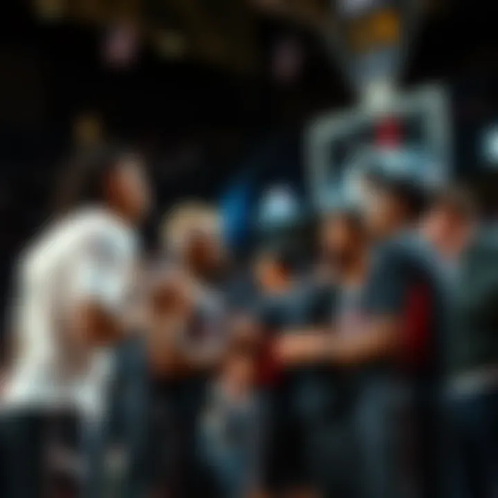 A sports team is coming together to execute a simple play during the finals, focused and determined, with fans cheering in the background.