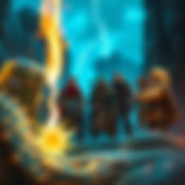 A group of adventurers planning their next move, with a magical Guiding Bolt spell glowing in the foreground, representing teamwork and strategy.