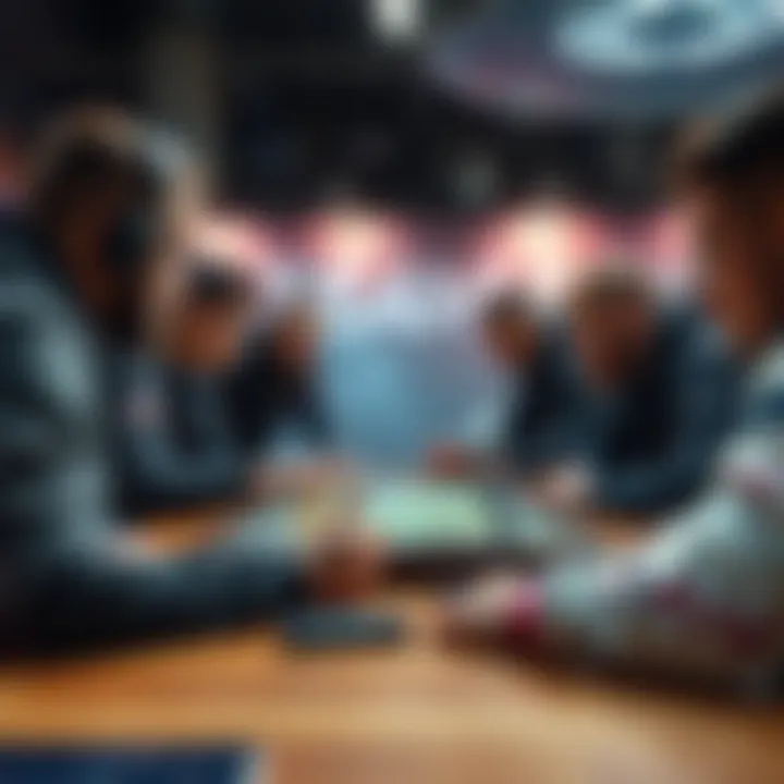 Team strategizing instead of fighting A group of players discussing strategies around a game board, focusing on tactics over combat