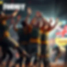 A group of players celebrating together after winning an overtime match on Junkertown, showing teamwork and excitement.