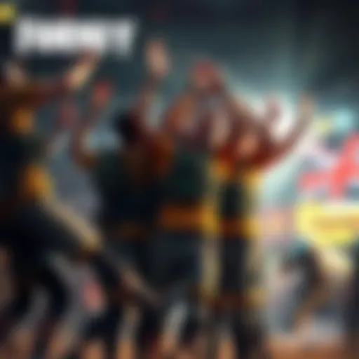 A group of players celebrating together after winning an overtime match on Junkertown, showing teamwork and excitement.