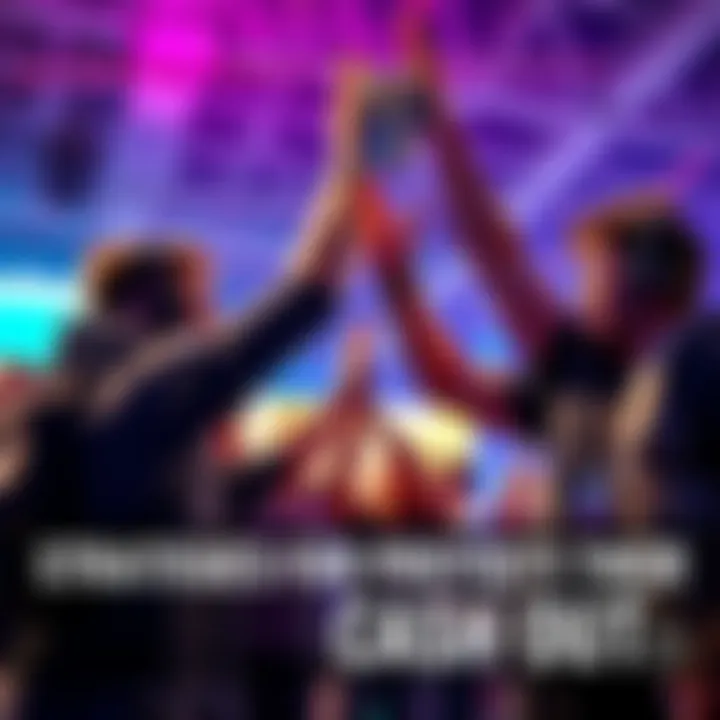 A group of gamers high-fiving after successfully securing their cash out in a competitive match, showing excitement and teamwork.