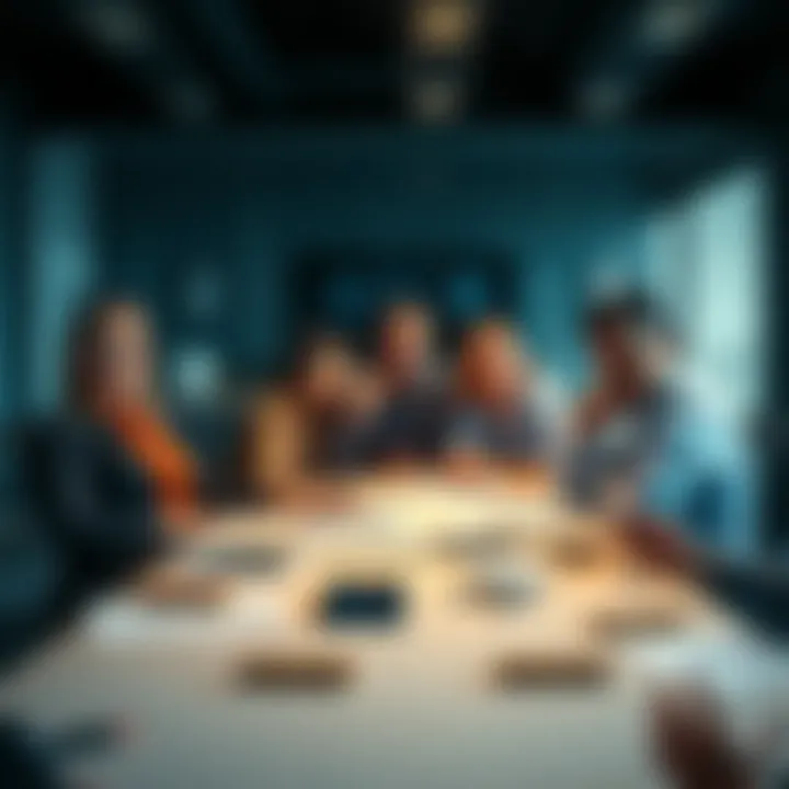 A group of people looking surprised and worried as they gather in a meeting room, with documents spread out on the table indicating theft.