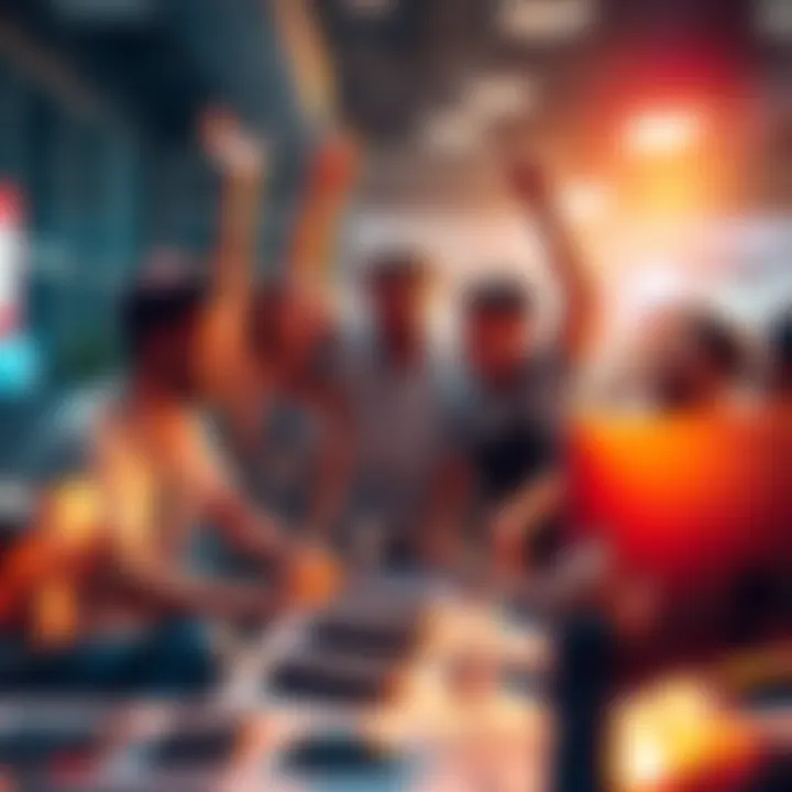 A diverse group of game developers celebrating their latest success in a vibrant office setting, with joy and teamwork visible.