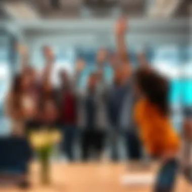 A diverse group of developers celebrating a successful project launch with joy and high-fives in a bright office setting.