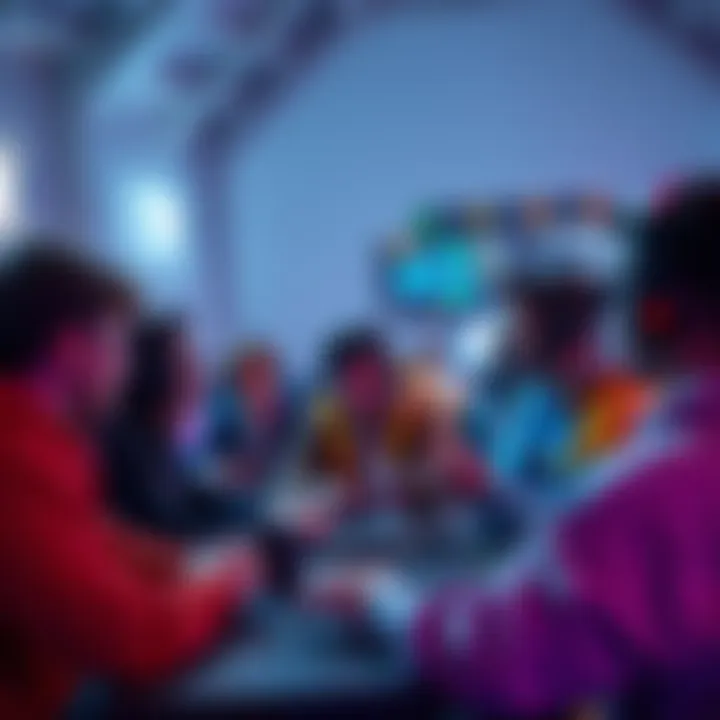 A group of players communicating in a virtual gaming environment, showing teamwork and engagement in chat.