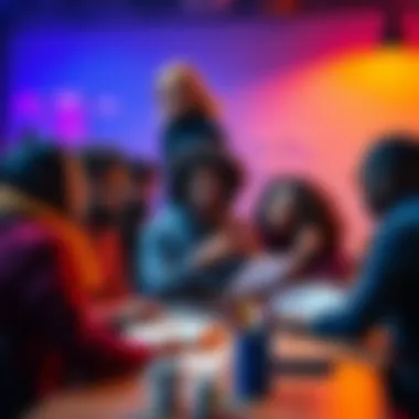 A diverse group of designers brainstorming ideas to handle trash talk in a collaborative setting, showcasing creativity and positive interactions.