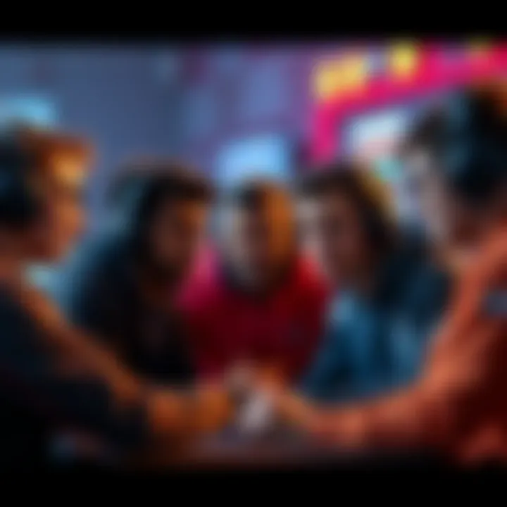 A group of gamers arguing over a strategy during a tense match, showing frustration and confusion on their faces.