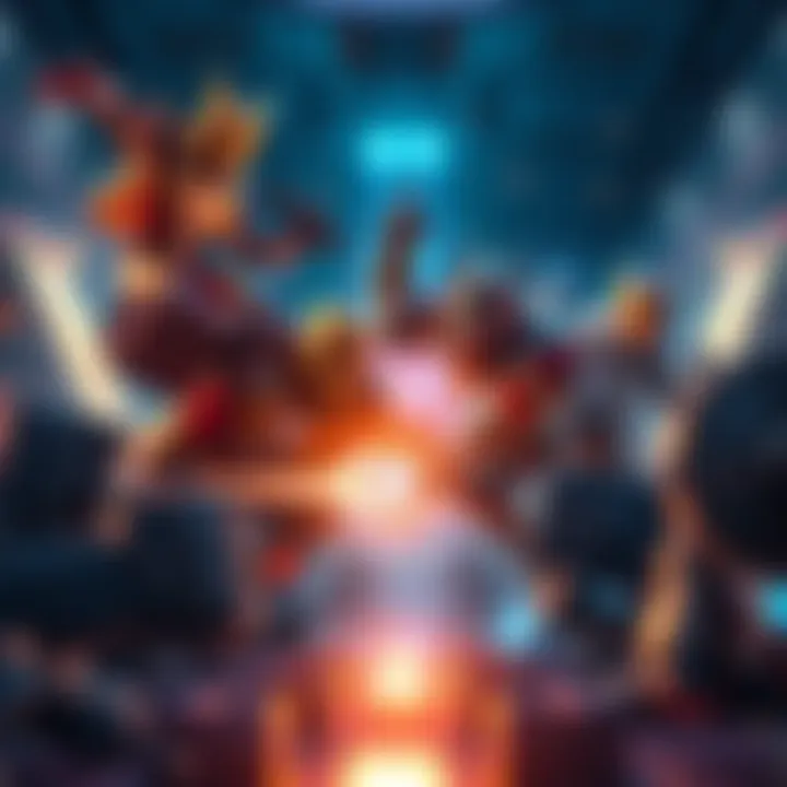 A group of heroes collaborating in a competitive game setting, showcasing teamwork and strategy to achieve victory.