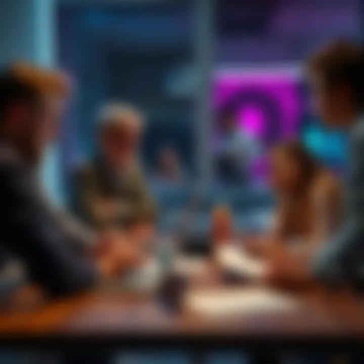 A group of people sitting around a table looking frustrated while discussing missing audio files on laptops and papers, showing concern and confusion.