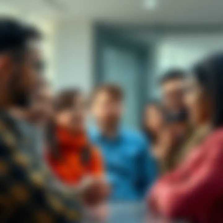 A group of diverse team members engaged in a discussion, assessing a disruptive player in the team, with expressions of curiosity and concern.