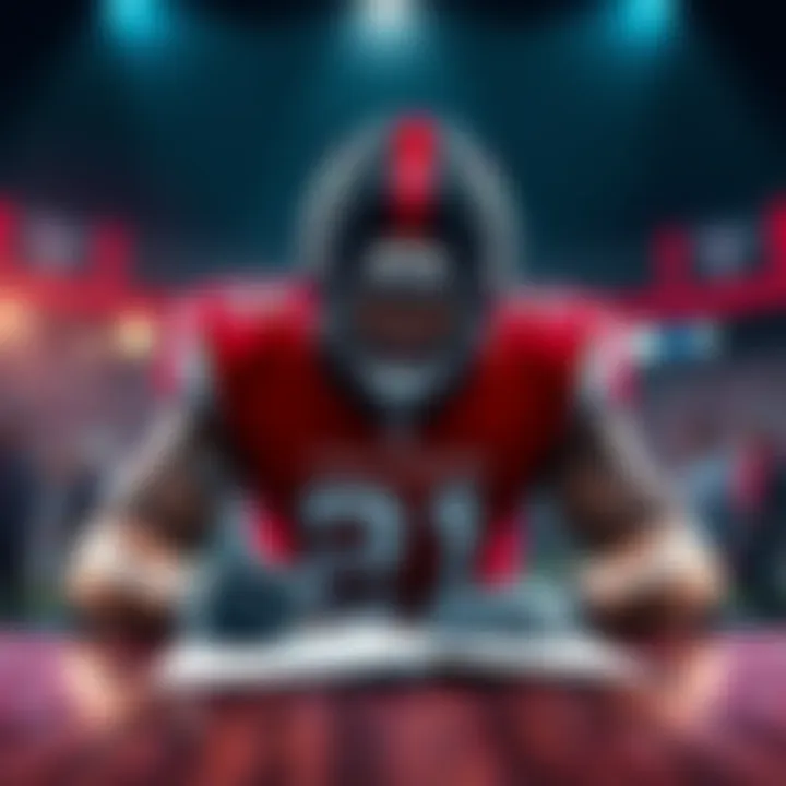 Team Falcons logo with a football player signing a contract, celebrating a new addition to the team.