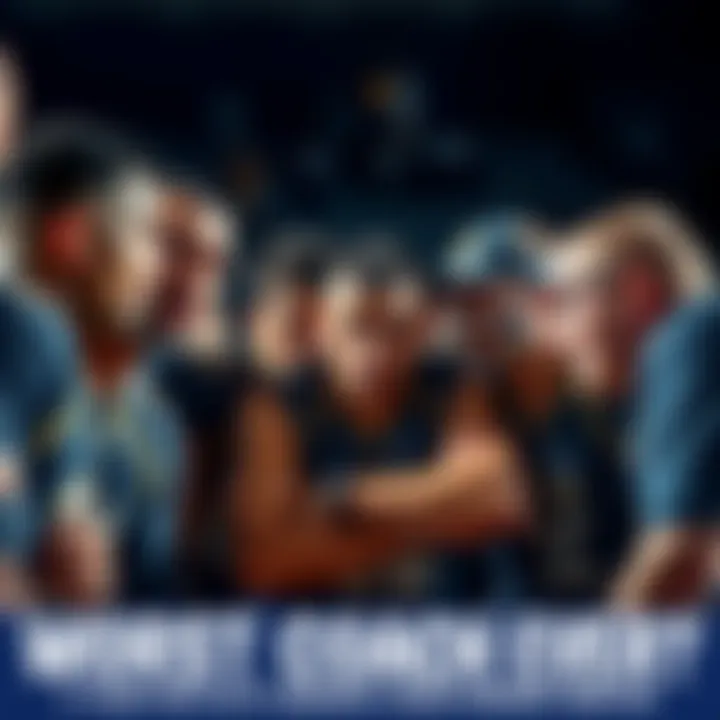 A group of frustrated players discussing their absent coach, showing disappointment and concern about their championship chances.