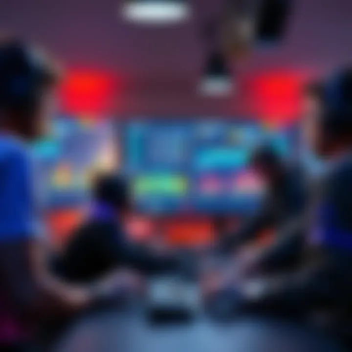 A group of gamers discussing strategies with charts and rankings on a screen.