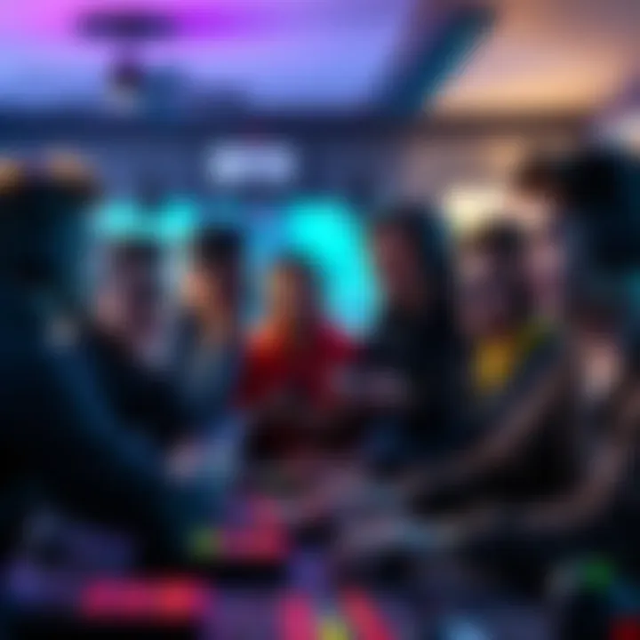 Group of gamers communicating A diverse group of gamers engaged in intense discussion during a gaming session, showcasing their team dynamics and strategies.