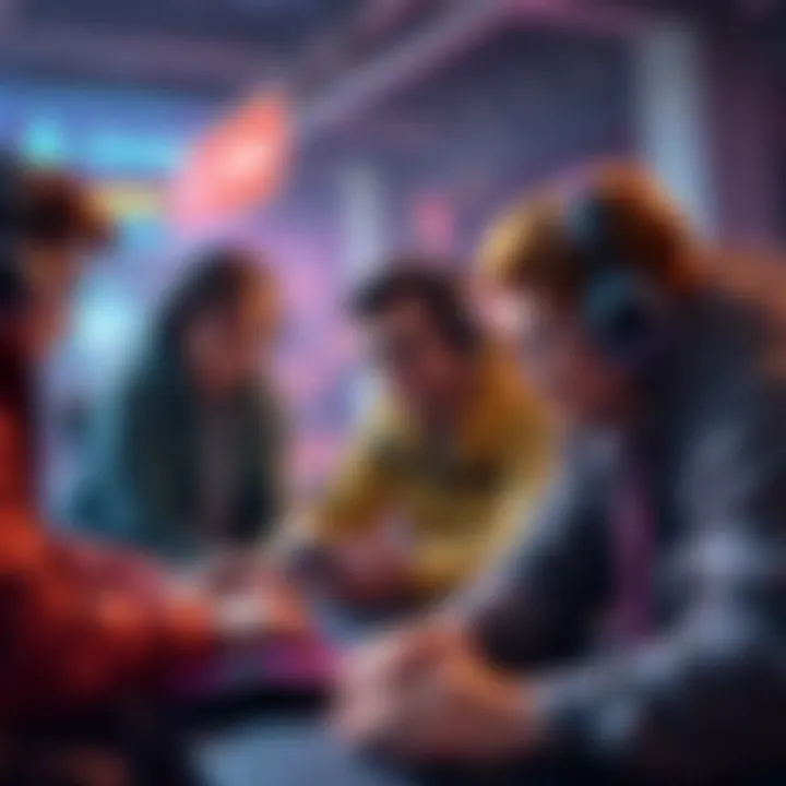 A group of gamers strategizing before starting a mission in a vibrant game environment