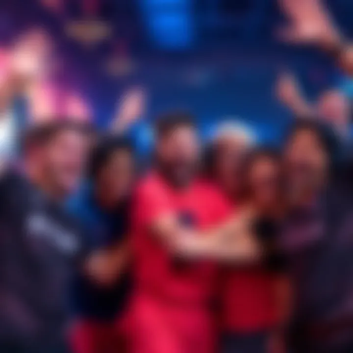 A diverse group of players celebrating a gaming win, smiles and cheers all around, showing teamwork and excitement without any eliminations in the game.