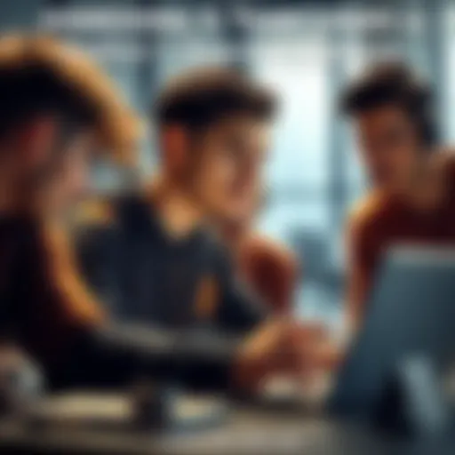 A player in position 1 reviewing game strategies on a laptop while teammates discuss behind him