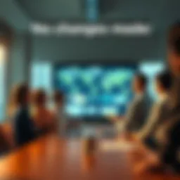 A group of people in a meeting room reviewing project plans on a large screen